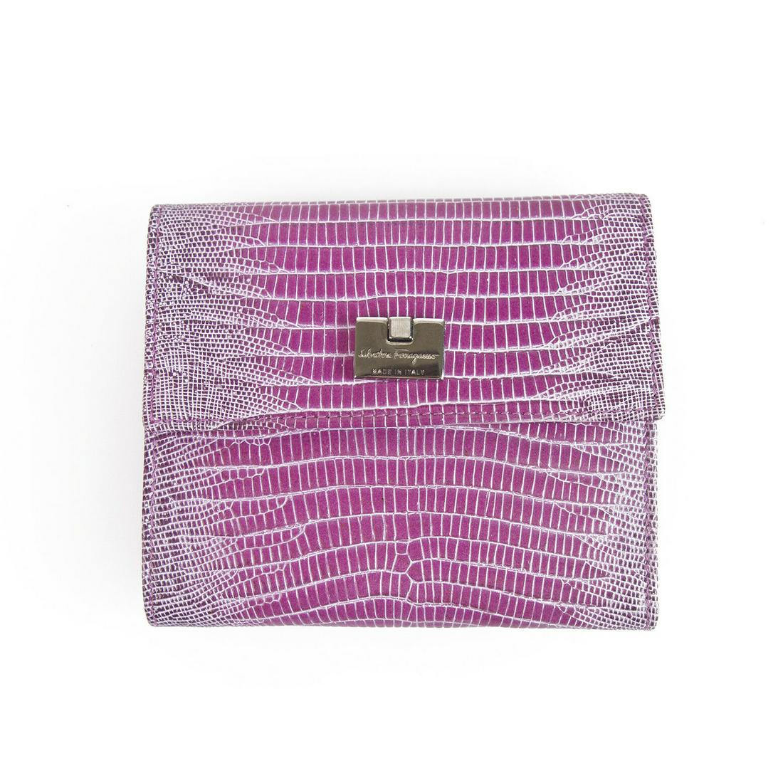 Salvatore Ferragamo Lilac Lizard Leather Wallet Trifold: Salvatore Ferragamo Lilac Lizard Leather Wallet Trifold Medium Envelope Salvatore Ferragamo silver tone hardware medium envelope style wallet to keep all your essentials at hand in an extra chic way.