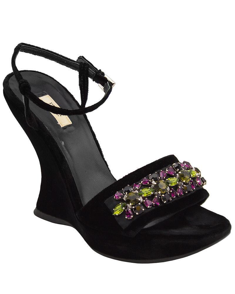 Prada Fall 2004 Ready-to-Wear Black Velvet and: Immaculate 2004 Prada black velvet wedges with chartreuse, purple and black Swarovski crystals 'flowers' along the toe strap. The black velvet ankle straps have delicate silver buckles and the insole 