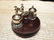 Brass Hardwood w 2 Clear Glass Inkwell bottles pots - 8