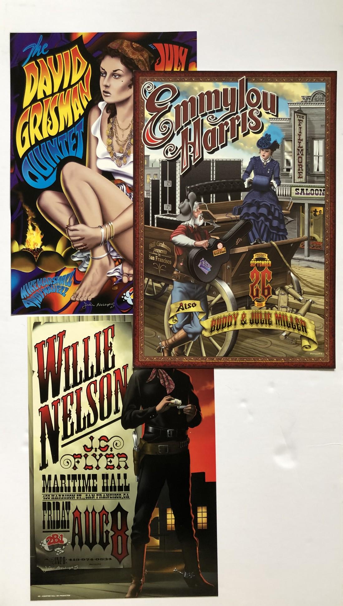Set Of JIM PHILLIPS POSTERS -Willie Nelson: Set Of JIM PHILLIPS POSTERS -Willie Nelson. You get three posters and TWO ARE SIGNED !!! David Grisman Quartet. Emmylou Harris and Willie Nelson. Reserve: $25.00 Shipping: Domestic: Flat-rate of $12.6