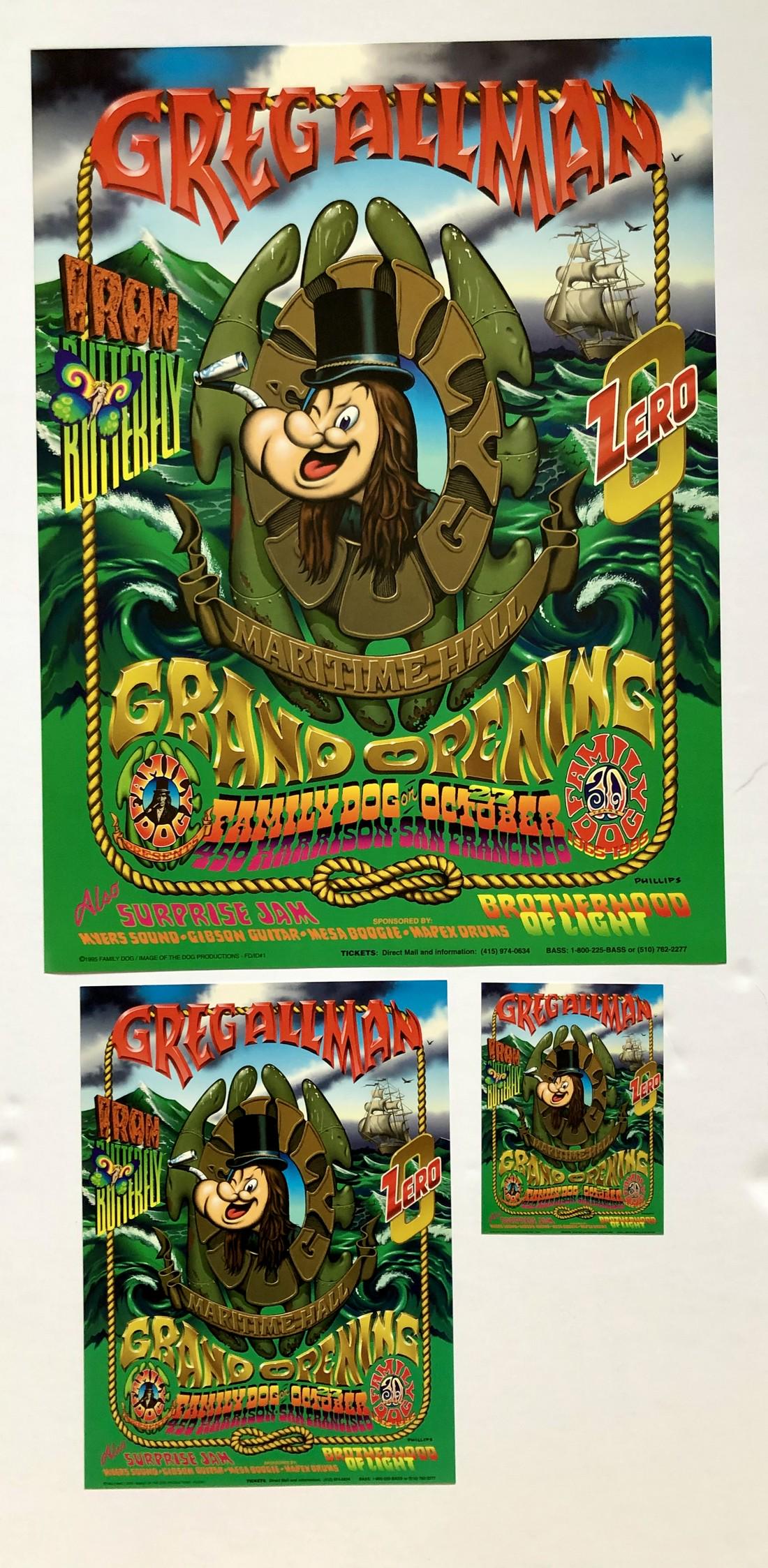 MISSPELLED GREG ALLMAN SET: MISSPELLED GREG ALLMAN SET. Gregg was misspelled in this 1995 Fami;ly Dog Maritime Hall poster, Handbill and postcard set. With Iron Butterfly and ZERO. THe Grand opening poster set by Jim Phillips. R