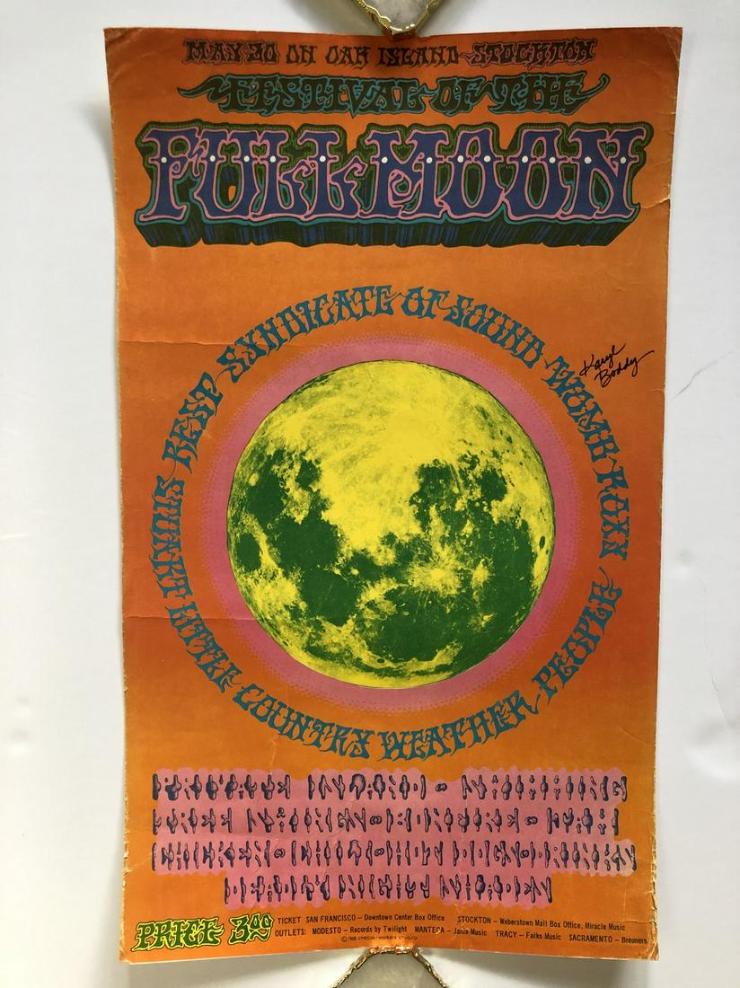 FESTIVAL OF THE FULL MOON - SIGNED: FESTIVAL OF THE FULL MOON - SIGNED by the singer in the band WOMB - K. Boddy.Concert held on Oak Island in Stockton. If you can't read the poster it says, PRIVATE ISLAND, swimming, tree swings, bonfir