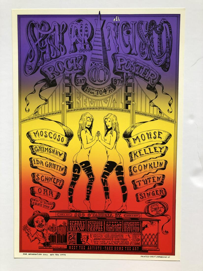 SF Rock Poster Revival: SF Rock Poster Revival. Grear American Music Hall Oct.9,1999 Poster by Jonathan Honneyman. Purple to Red variant. First Pressing. 13 x 19 Reserve: $35.00 Shipping: Domestic: Flat-rate of $12.69 to any