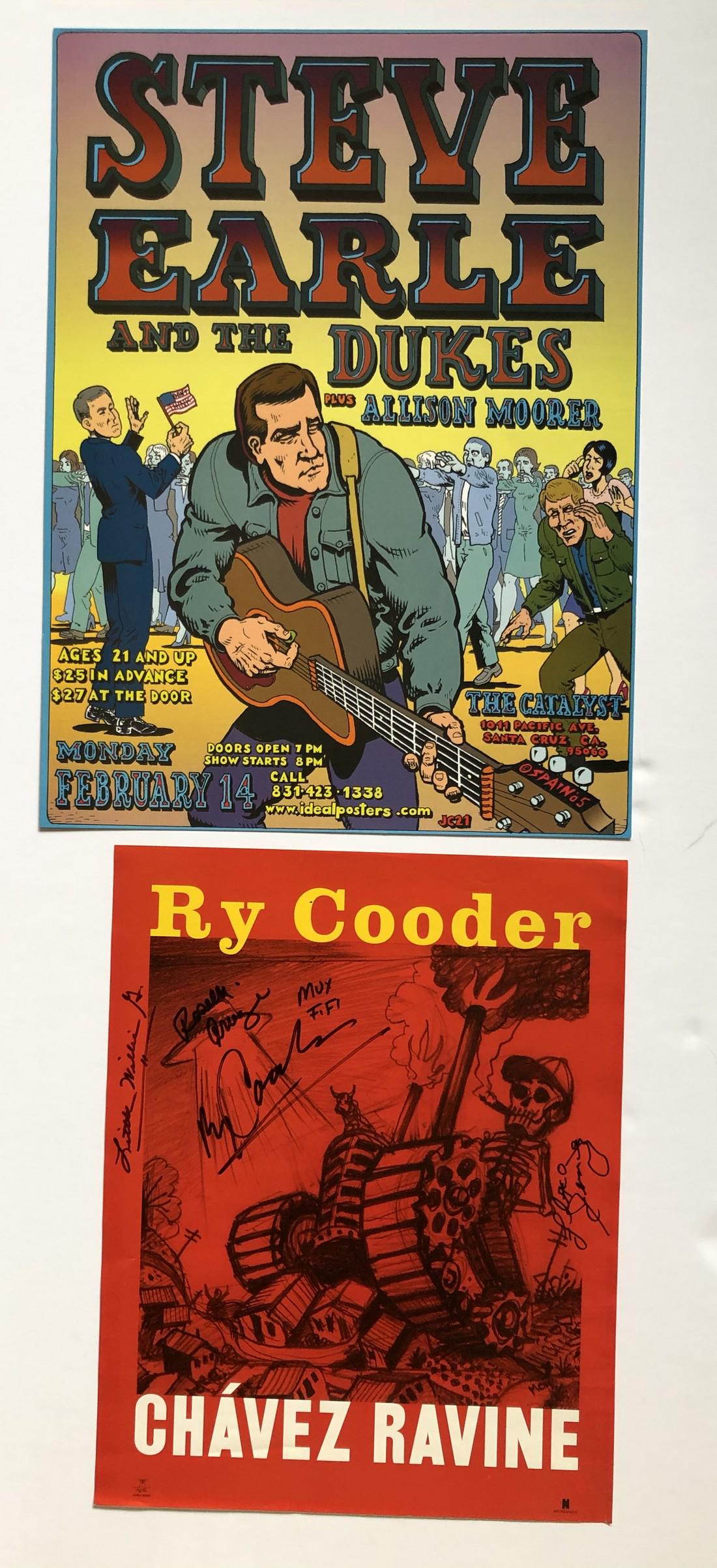 SIGNED RY COODER poster set: Features a poster signed by Ry Cooder and band, as well as a poster for Steve Earl and the Dukes. With art by Spain 2005 Reserve: $15.00 Shipping: Domestic: Flat-rate of $12.69 to anywhere within the 