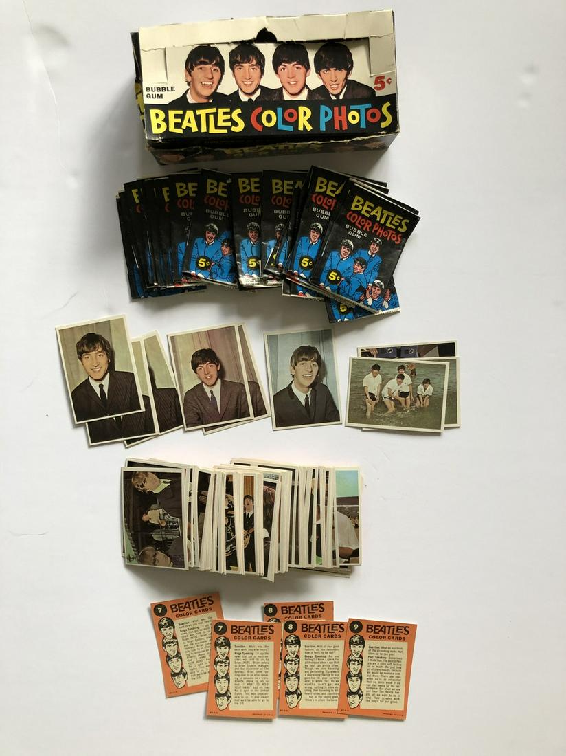 BEATLES COLOR CARDS:: BEATLES COLOR CARDS:Box, Wrappers and cardsCard #’s 1-61Some Dupes Some missing cards127 mint cards with approx 25 wrappers and 1 original box in VG condition Reserve: $10.00 Shipping: Domestic: Fla
