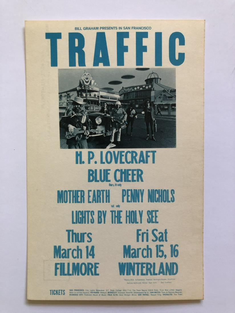 Traffic Postcard 1st: Traffic Postcard1st Printing - TrafficH.P. LovecraftBlue CheerMother EarthPenny NicholsBG111-PCAlton KelleyStanley MouseBob SeidemannMar 14, 1968Unusually stark and defiantly readable, BG111 was a col