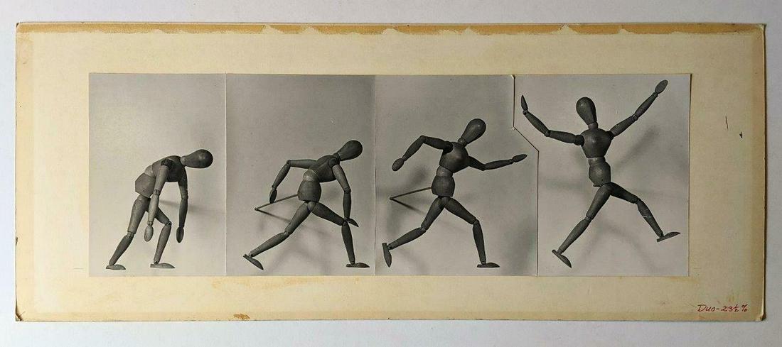 VINTAGE MID CENTURY MODERN ABSTRACT ART PHOTO COLLAGE: VINTAGE MID CENTURY MODERN ABSTRACT ART PHOTO COLLAGE ARTIST MANNEQUIN MOVEMENT Vintage Abstract Art Photograph Collage; Movement progression of wooden artist's mannequin, four photographs mounted on