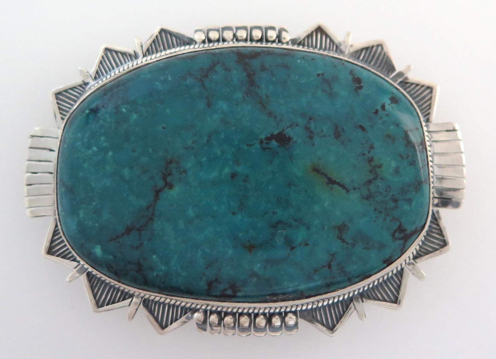 MASSIVE Sterling Silver Turquoise 166 G Belt Buckle: Title: MASSIVE Sterling Silver Turquoise 166 G Belt Buckle Description: This awesome sterling silver belt buckle is absolutely massive and features a giant turquoise cabochon in a smooth bezel framed 