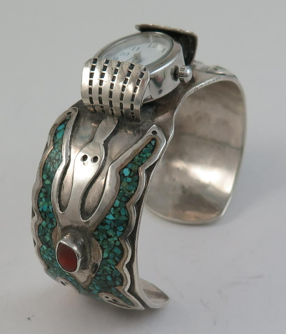 Sterling Silver Turquoise Coral Thunderbird Watch Cuff (1 of 8)