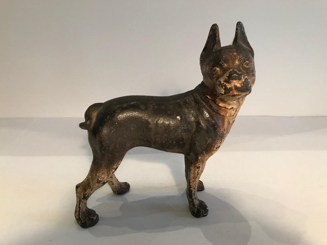 Boston Terrier doorstop: American cast iron Boston Terrier doorstop With original paint 8 inches long by 8 1/2 inches high. Early 20th century Shipping: Domestic: Flat-rate of $22.00 to anywhere within the contiguous U.S. Int