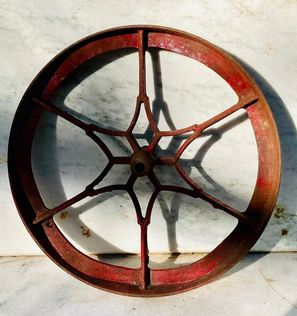 19thc cast iron wheel with original worn red paint and (1 of 5)