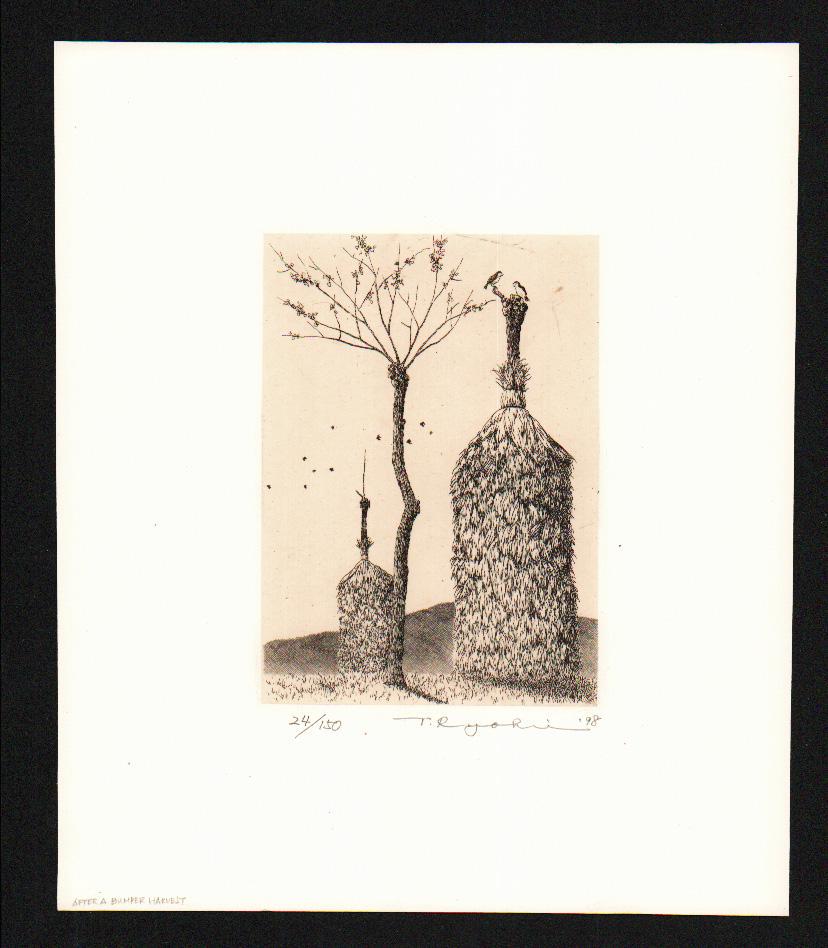 Ryohei Tanaka:Heaped Straw: Title: Heaped Straw Artist: Ryohei Tanaka (1933-2019) Date: 1998 MEDIUM: Etching PRINT SIZE:The print image is 3 1/2 X 4 3/4 inches plus full margins EDITION:Limited edition # 24/150 Reserve: $140.00 