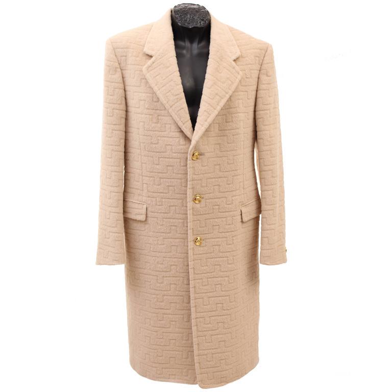 Versace Beige Textured Wool Coat for Men: VERSACE COAT Textured Greek Key pattern Medusa print lining 60% wool, 40% pure virgin wool Gold Medusa buttons Very comfortable and extremely luxurious! Italian size 50, US 40 Brand new, with tags.. D