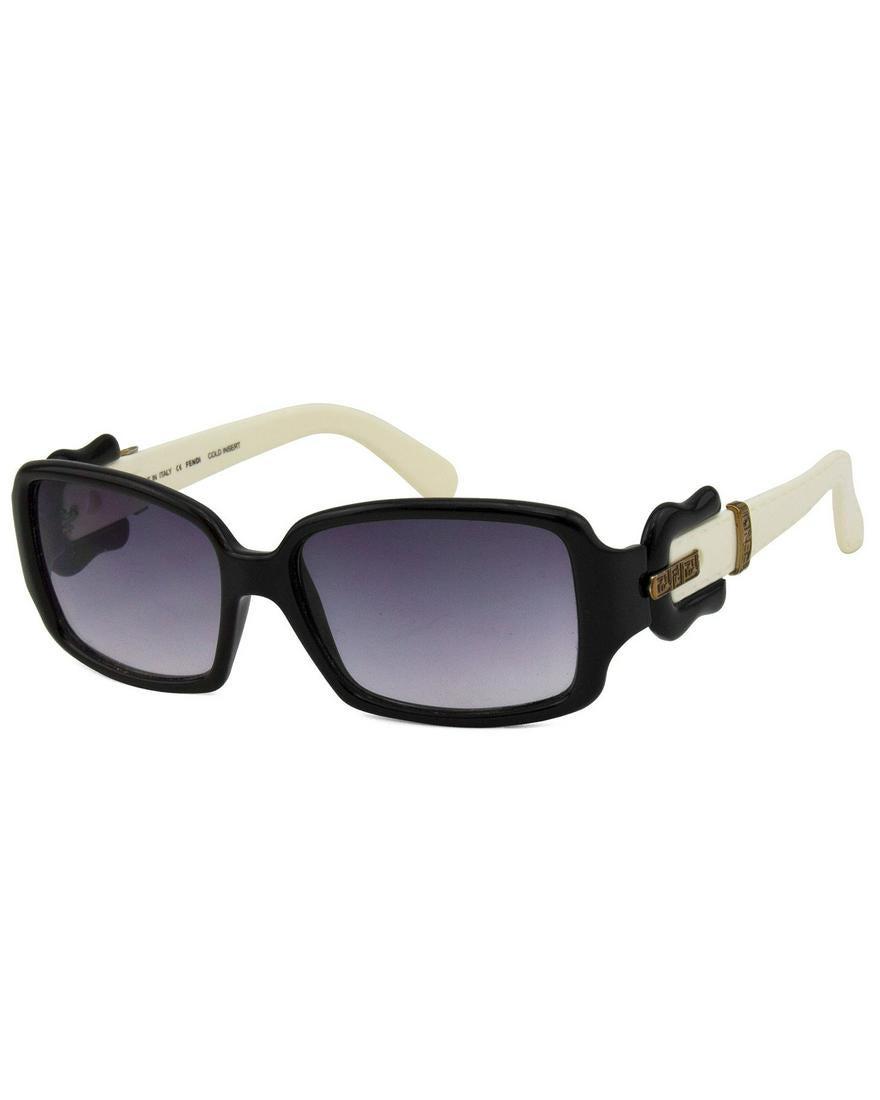 Fendi Black & Cream Sunglasses with Buckle Detail: Fendi sunglasses from the 2000s. Black frames with cream arms and large buckle details and bronze hardware. Buckle details are iconic to Fendi and made famous by the B. Fendi bag. Faux stitching detai