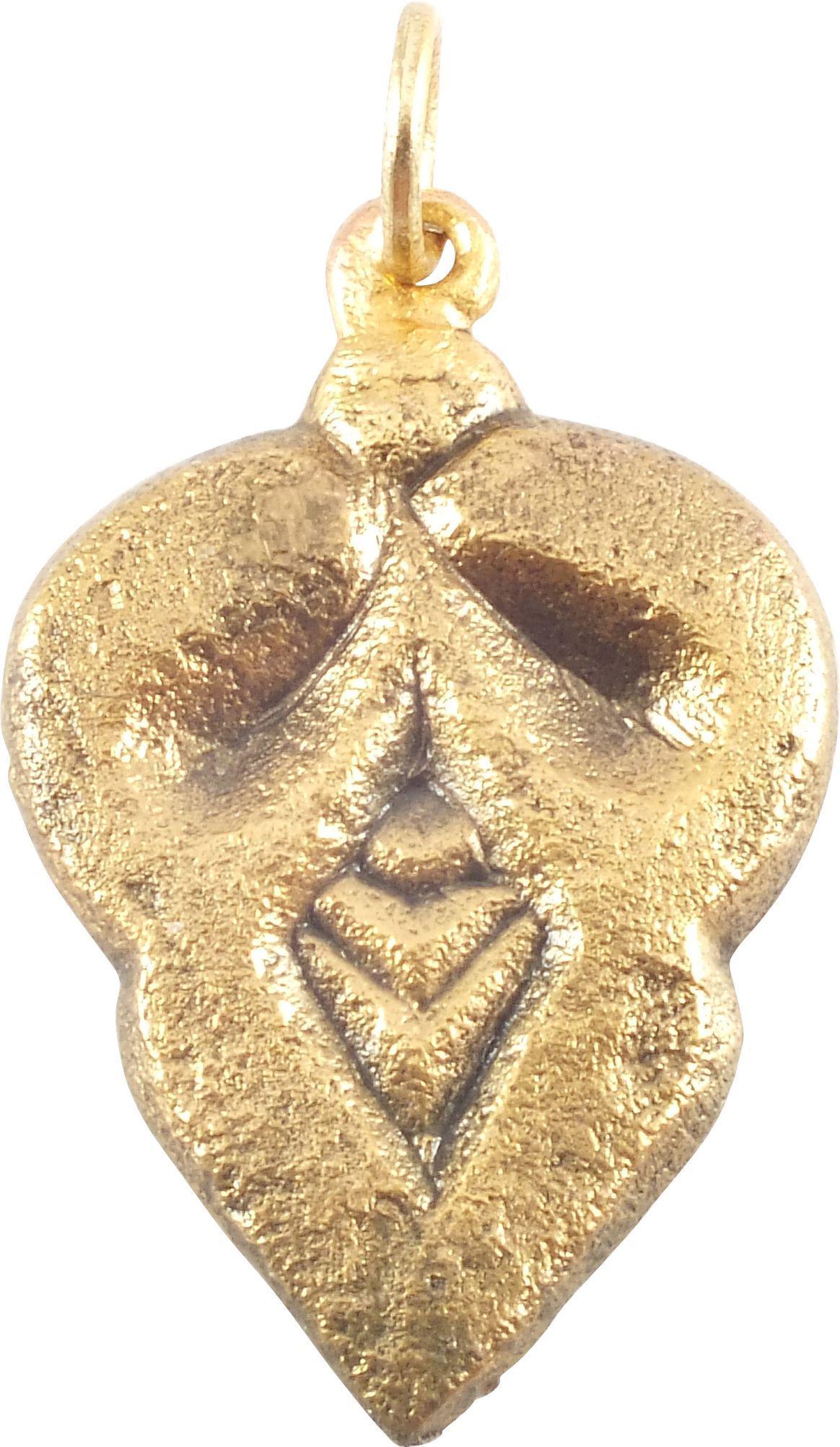 FINE VIKING HEART NECKLACE PENDANT, 10TH-11TH CENT AD: 7/8” height plus the loop, deep relief with a broad border and central trefoil motif of addorsed leaf forms over a diamond with chevron fill. The foliate trefoil was a very popular motif for Viking 