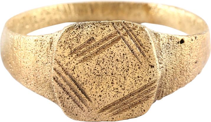 MEDIEVAL EUROPEAN RING, C.900-1200, S 10 1/2: Large size 10 1/2 with rounded face tapered band 3.0mm, flaring to the shoulders. Raised rounded square bezel cut with a diamond of three lines each, probably serving as a signet ring to seal wax and 