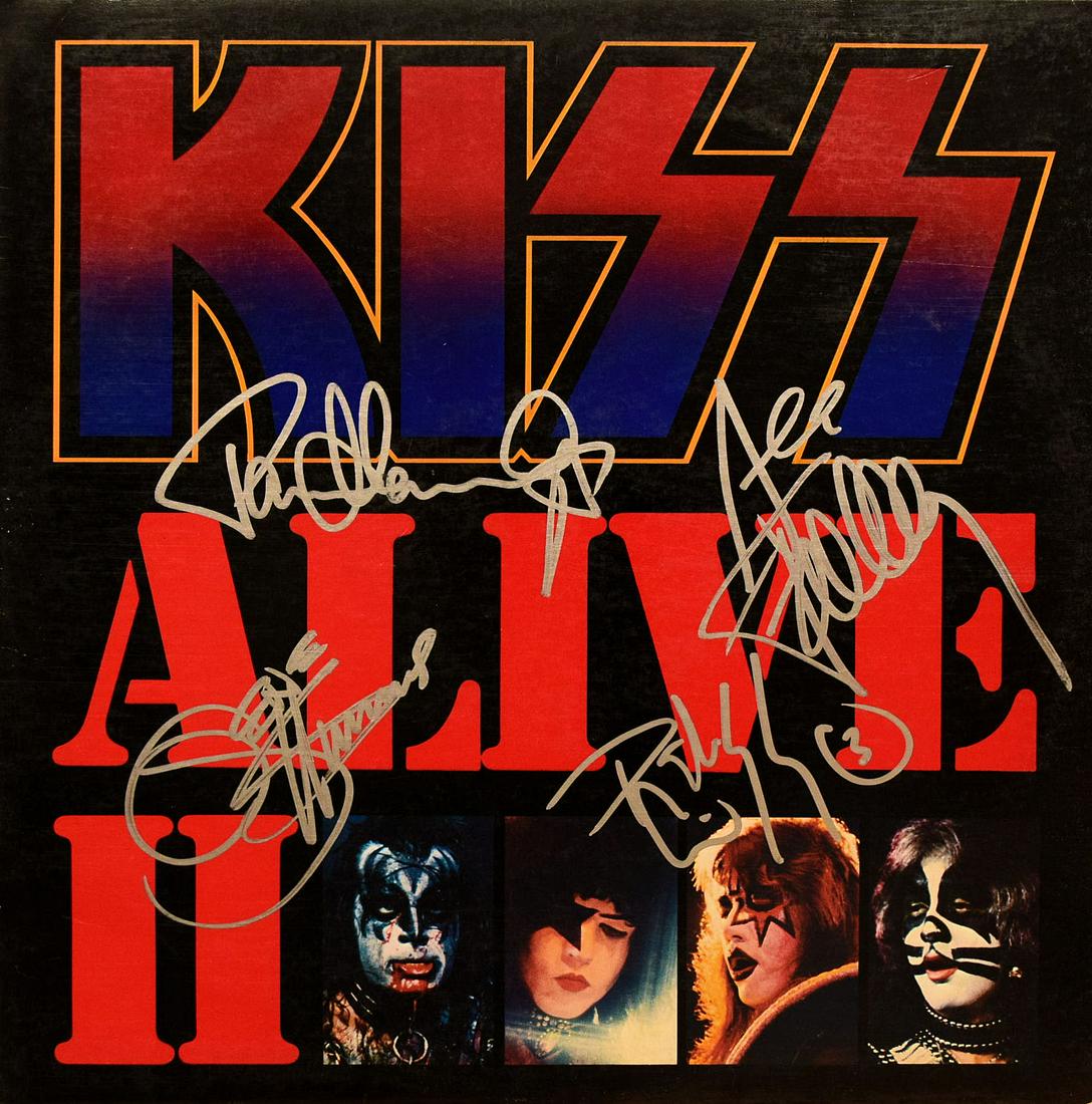 Kiss - Alive II: Title: Kiss - Alive II Date/Period: 1977 Materials: 33 1/3 Record Album Dimension: 12 1/4 x 12 1/4 Inches Description: Signed: Paul Stanley, Ace Frehley, Gene Simmons & Peter Criss 3. Includes Certifi