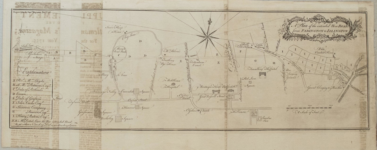 1756 Cole Map of Paddington to Islington in London -- A: Title/ Content of Map: 1756 Cole Map of Paddington to Islington in London -- A Plan of the Intended New Road, from Padington to Islington Cartographer: B Cole Year/Place: 1756, London Dimensions: 6 X 