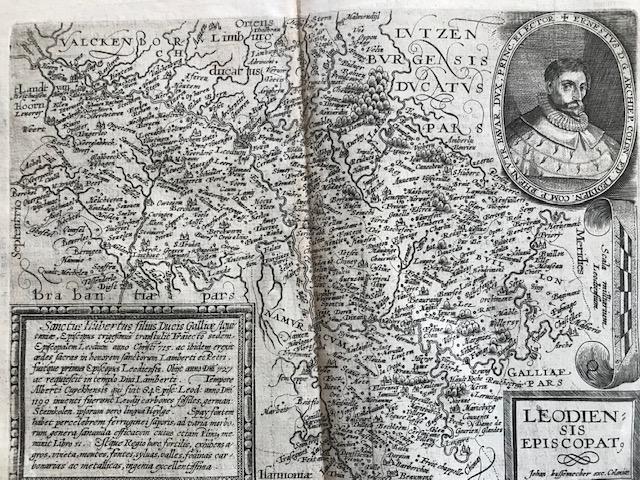 RARE map of bishopric of Liege, Belgium: Title: RARE map of bishopric of Liege, Belgium Description: Rarely available map shows a portrait of Prince Bishop Ernest of Bavaria (1581-1612). Excellent condition. 1596, (RARE EDITION) 'Europae Tot