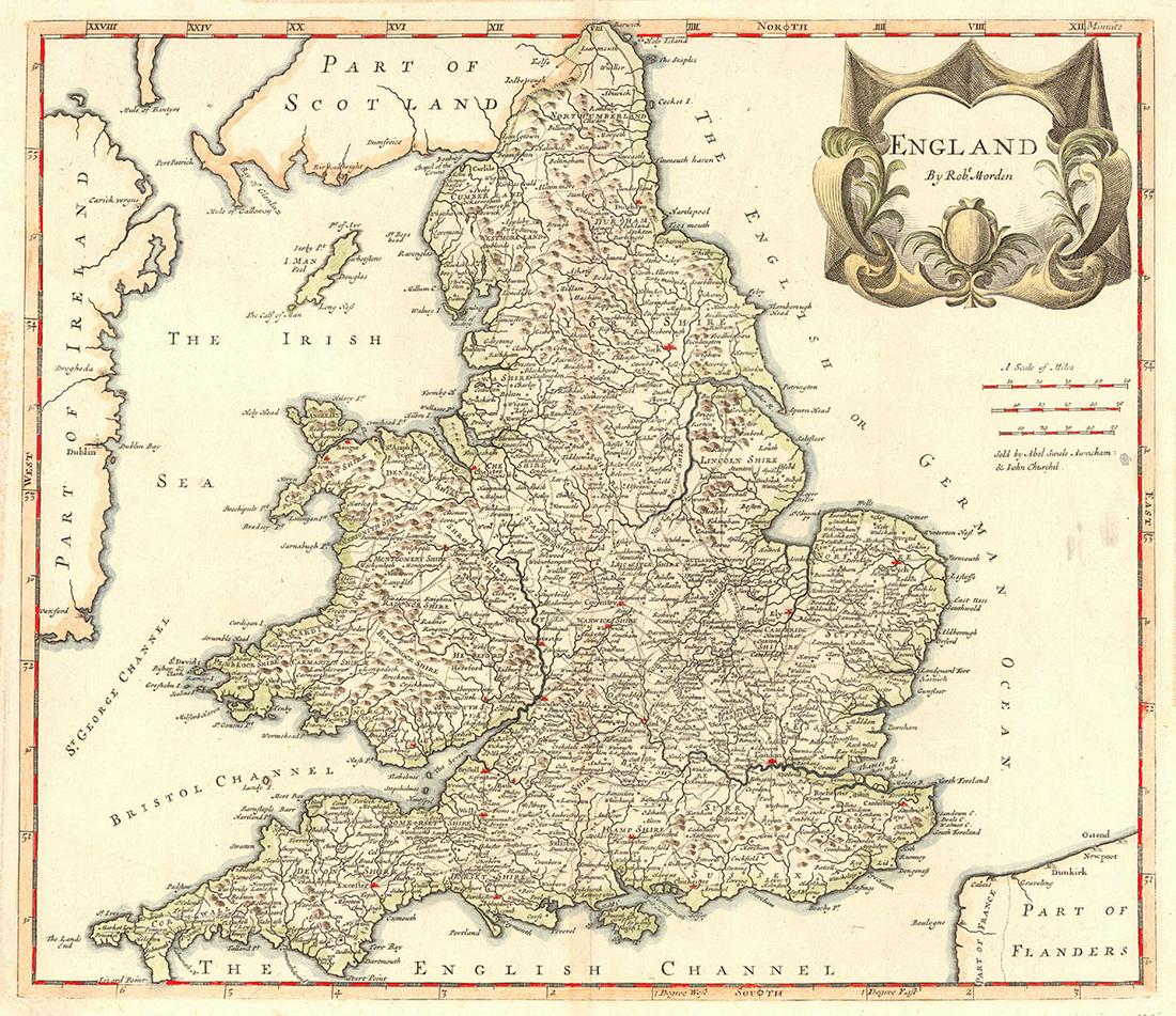 England: Title/Content of Map: England Cartographer: MORDEN, ROBT. Date: 1695 Publisher: Abel Swale Awnsham & John Churchill Size: 14.25Height - 16.6Width National map from Camden's Britannia. Old color. Tape 
