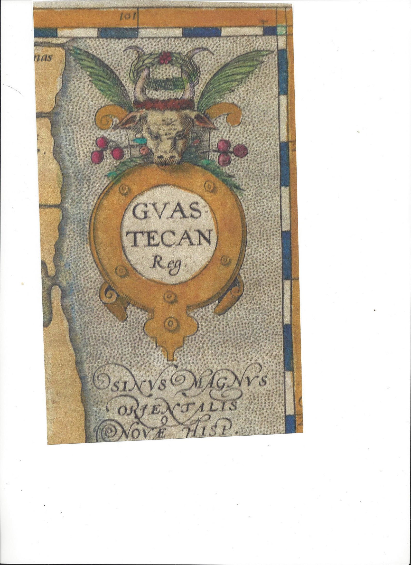 Guastecan Reg.: Title: Guastecan Reg. Maker: Ortelius, Abraham Origin: Mexico; Antwerp Date: [1587] Materials/Color: Hand ColoredW:8.8H:3.9 Description: Trimmed from folio map; shows Gulf coast of Mexico and city of 