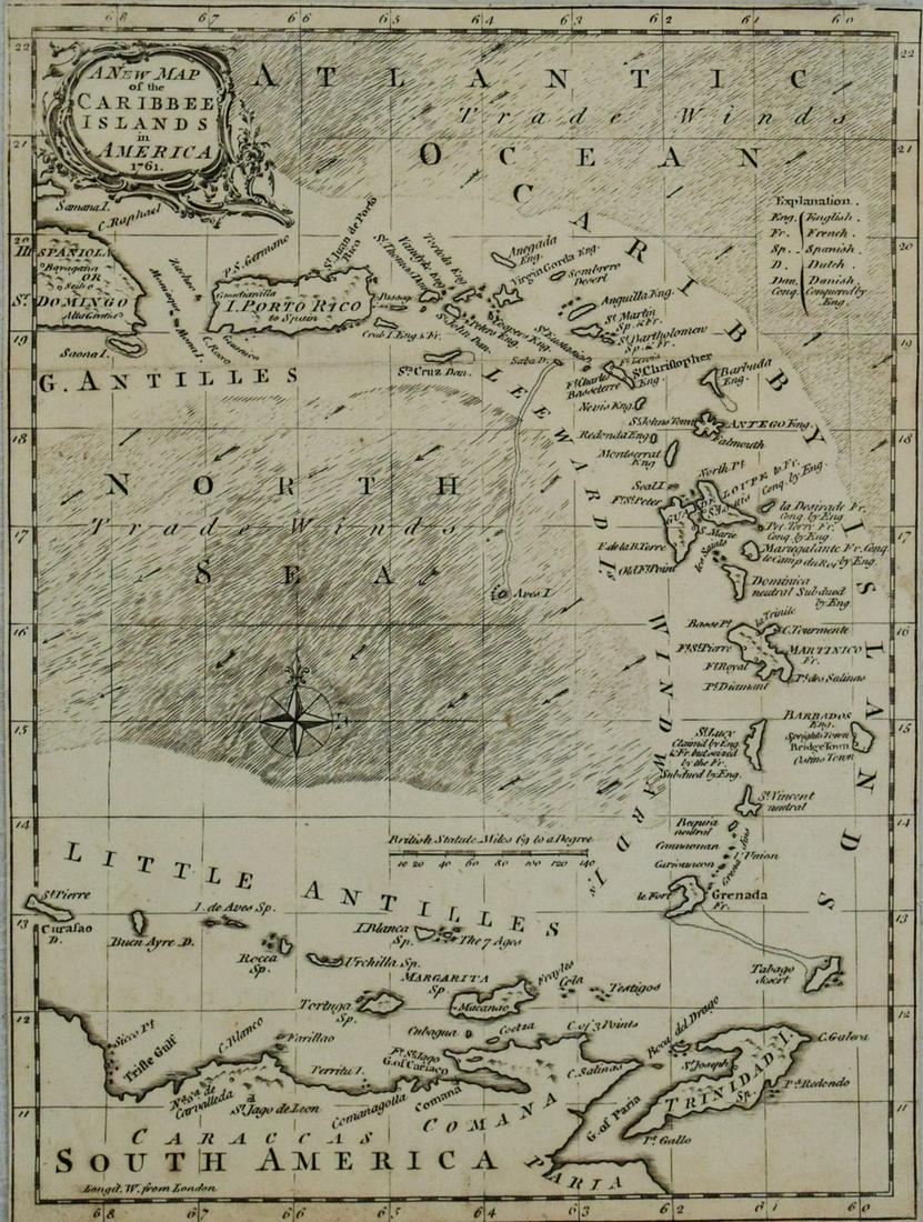 1761 Map of the Caribbean -- A New Map of the Caribbee: Title/ Content of Map: 1761 Map of the Caribbean -- A New Map of the Caribbee Islands in America Cartographer: Anonymous Year/Place: 1761 Dimensions: 9.7 X 7.2 in. Description: This is a very attracti
