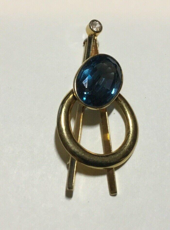 14K Gold Brooch Large London Blue Topaz and Diamond (1 of 8)