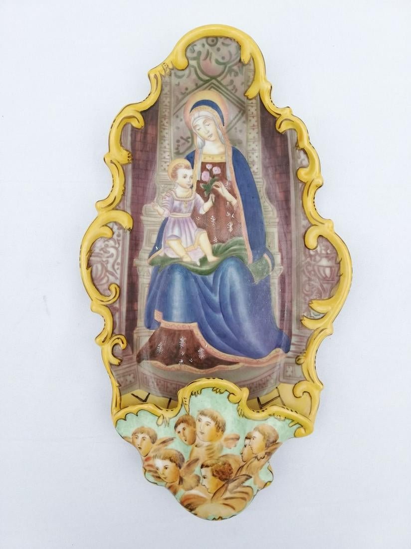 Italian Majolica holy water font: Title: Italian Majolica holy water font Maker: Unknown Origin: Italy Date/Period: 1950-1970 Materials: Porcelain Dimensions: Height: 35 cm / 14 inches Width: 19 cm / 8 inches Description: A beautiful 