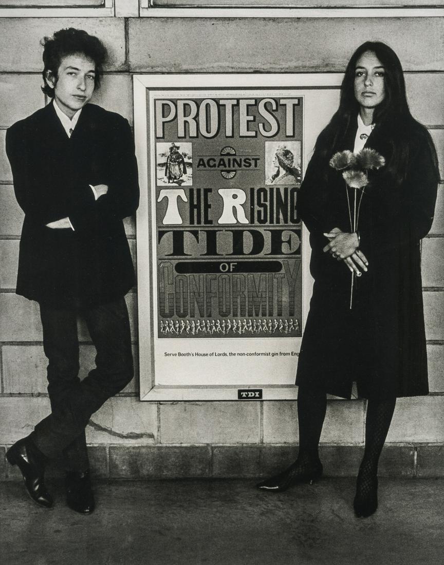 Daniel Kramer, Bob Dylan, Joan Baez, Protest Sign, 1964: Artist: Daniel Kramer Title: Bob Dylan, Joan Baez, Protest Sign, 1964 Medium: Photo Litho, 2008, USA Dimensions: 6.55x8.3" Additional Information: Heat Wax Mounted on 11x14" Conservation Board Artist