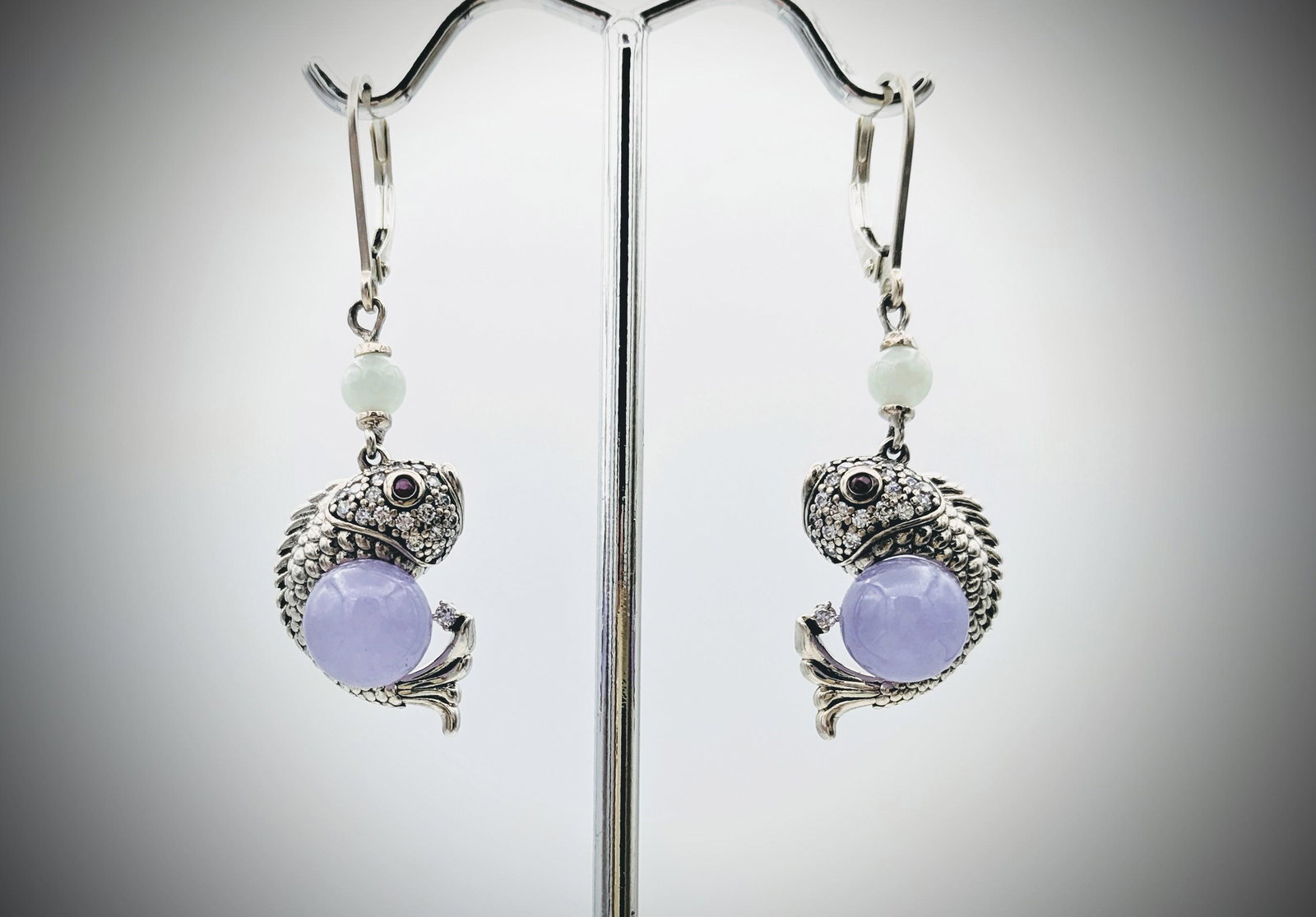 Koi Fish Earrings w Jade, Violet Jade, Ruby & CZs (1 of 3)