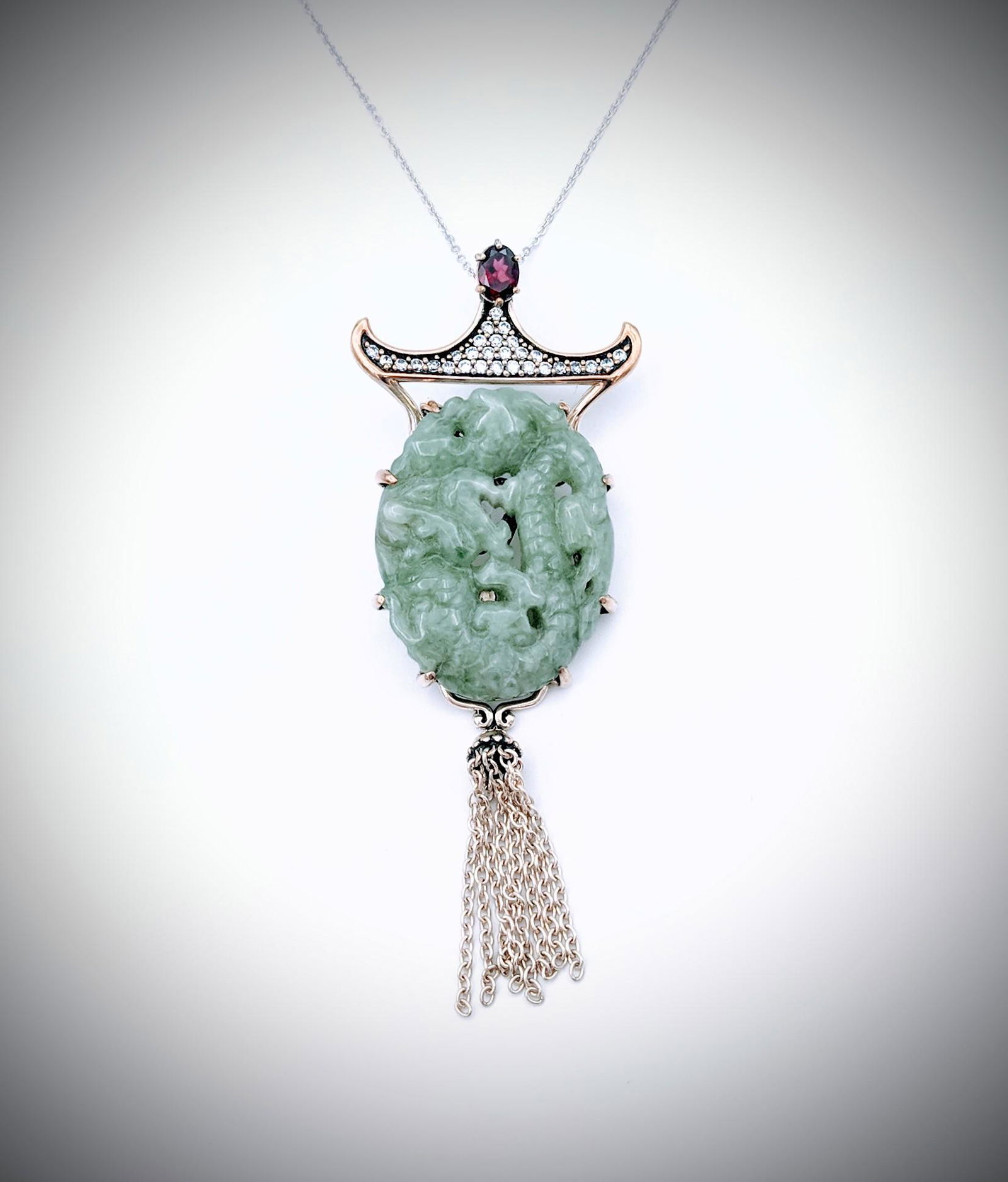 Necklace and Carved Dragon Jade Pendant w Almandine (1 of 3)