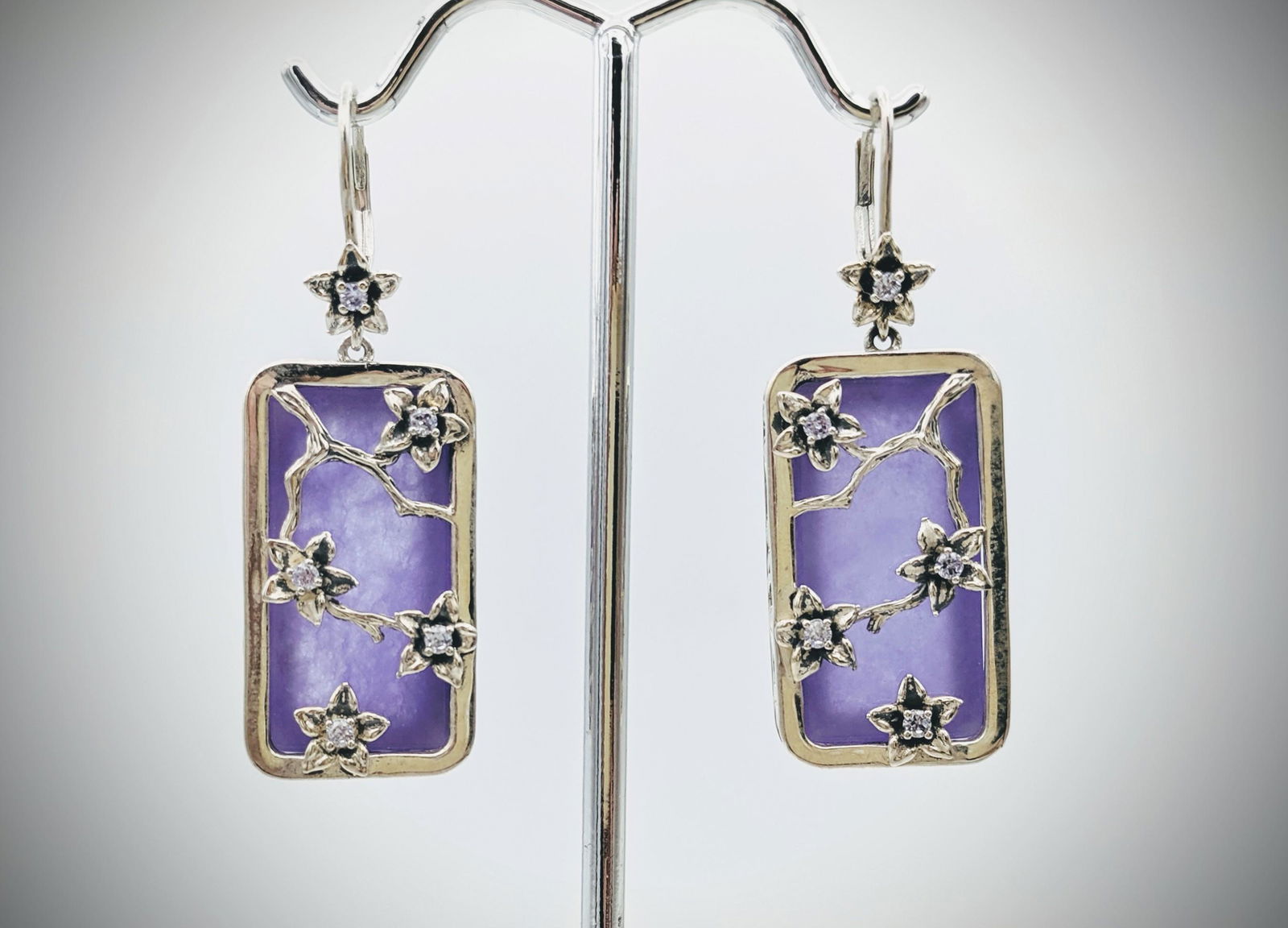 Sterling Silver Violet Jade & Flower Designed Earrings (1 of 3)