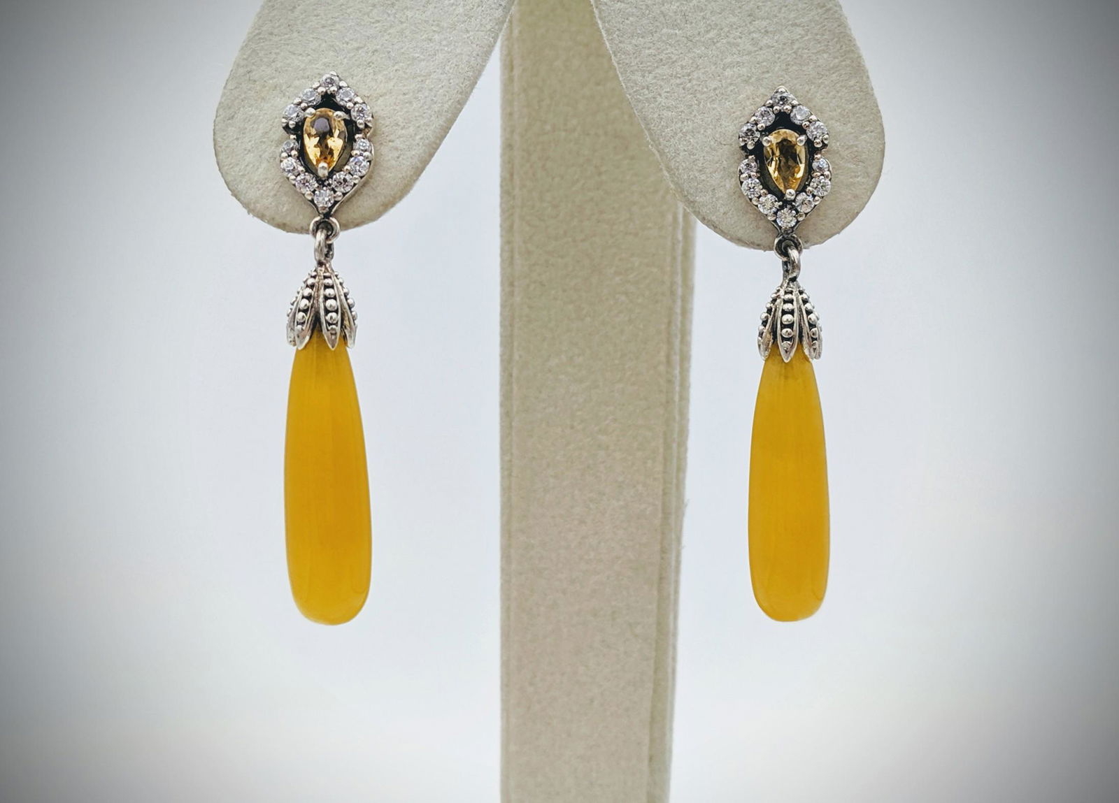 Sterling Silver Yellow Jadeite Earrings w Citrine & CZs (1 of 3)