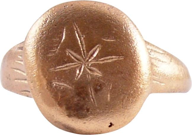 MEDIEVAL BYZANTINE RING 6TH-9TH CENTURY AD SZ 9 ¼: Gilt bronze, size 9 ¼ with domed oval bezel inscribed with the four-point star of Mars, Roman God of War adapted for Christian use with the cross and saltire. In this form, it represented the Star of
