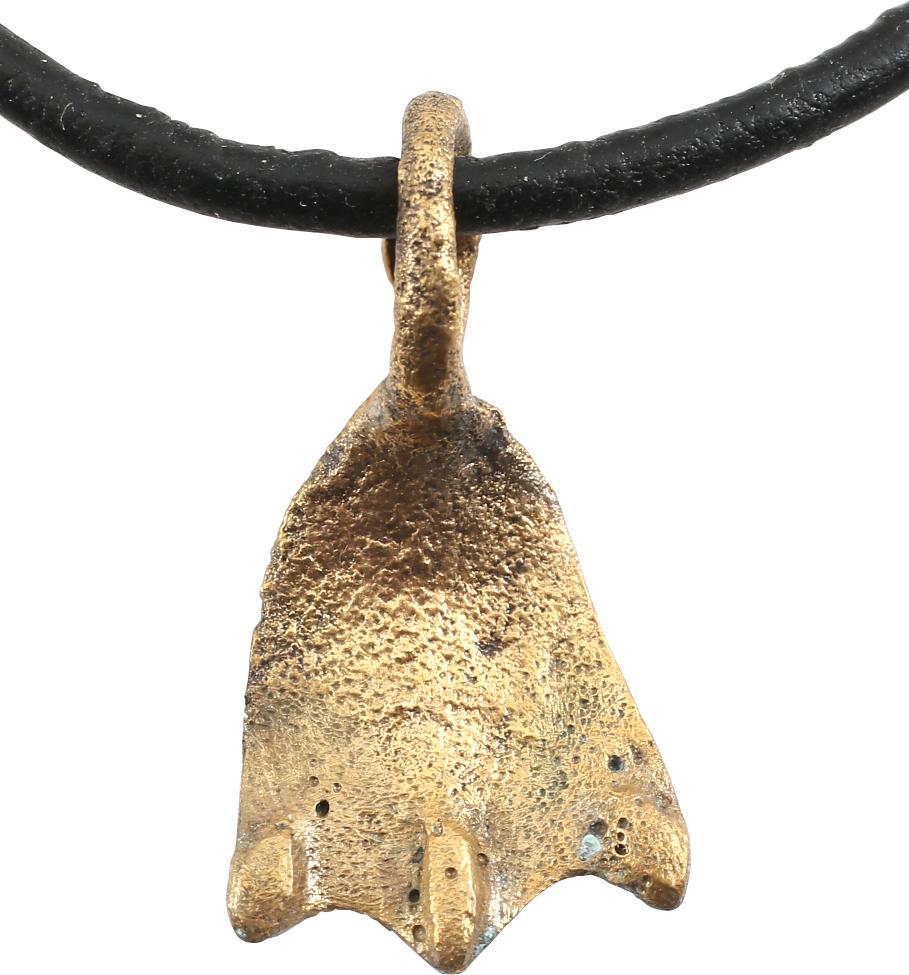 VIKING SORCERER'S AMULET 10TH-11TH CENTURY AD: Just under 1” height. Bronze shaped like a duck’s foot and intricately detailed with raised toes. A burial at Viden, Denmark contained the body of a woman of wealth and status buried with henbane 
