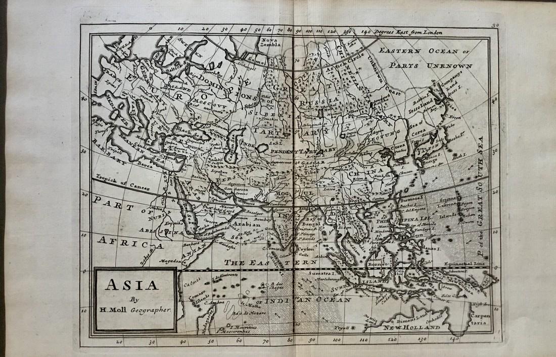 Asia: Title: Asia Date/Period: 1729-1736 Materials: Copperplate engraved Dimensions: 13 1/2 x 9” By. H. Moll. From. Atlas minor. Published. London Reserve: $170.00 Shipping: Domestic: Free shipping to any