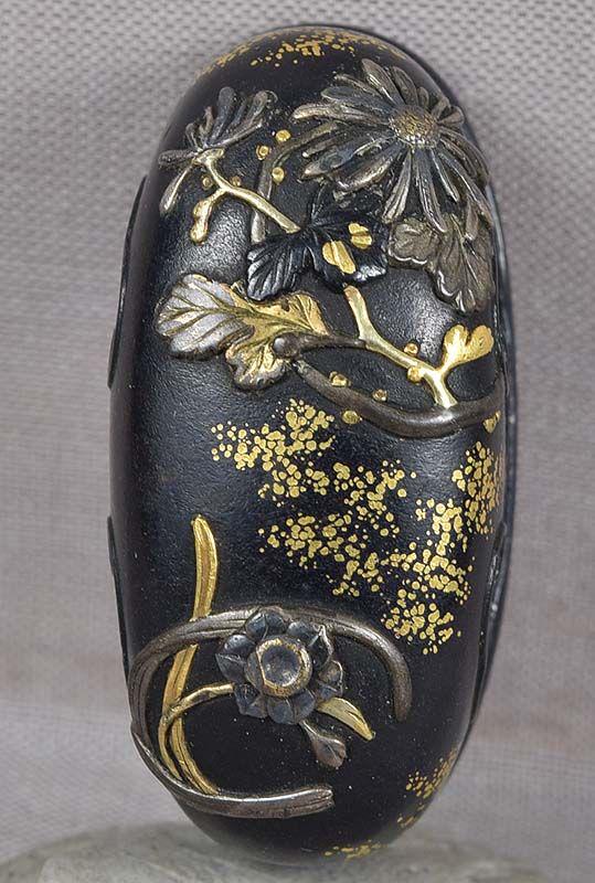 19c shakudo Japanese sword KASHIRA FLOWERS (1 of 4)