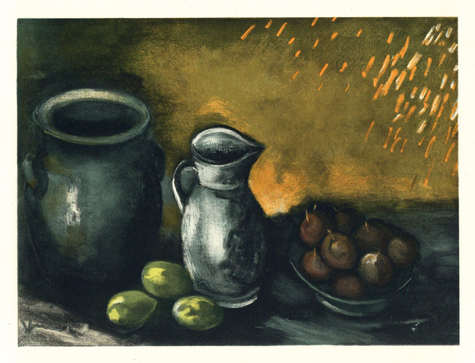 Maurice de Vlaminck "Still Life with Jugs" lithograph: Medium: lithograph. This lithograph (after the Vlaminck painting) was printed in Paris in 1958 by the legendary Mourlot atelier, and published by Andre Sauret in an edition of 2000. A nice impression,