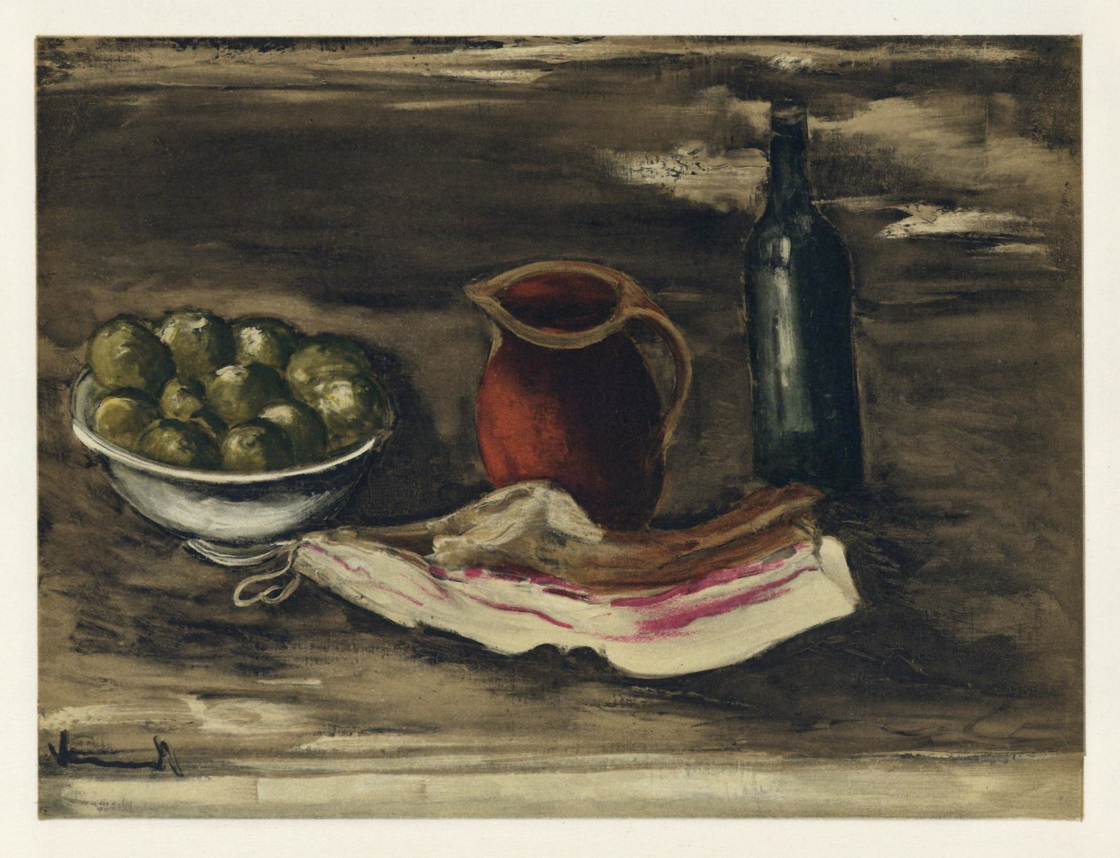 Maurice de Vlaminck "Still Life with Bacon" lithograph: Medium: lithograph. This lithograph (after the Vlaminck painting) was printed in Paris in 1958 by the legendary Mourlot atelier, and published by Andre Sauret in an edition of 2000. A nice impression,