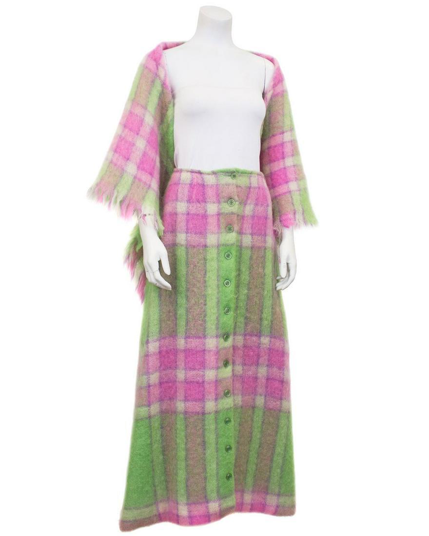 Holt Renfrew Pink and green mohair plaid skirt and: From the Canadian department store, Holt Renfrew, a beautiful plaid mohair and wool blend skirt with matching shawl from the 1970s. The lime green, vibrant pink and subtle purple and white plaid print