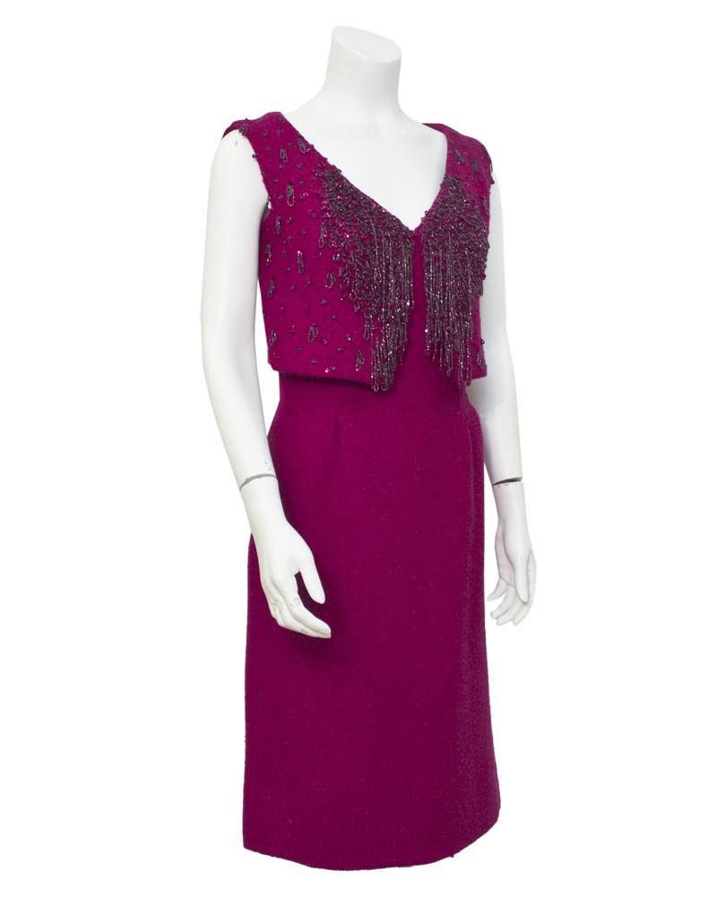Fontana pink beaded vest cocktail dress: Famous for dressing glamorous stars, Fontana dresses are unique and colorful. This fuchsia sleeveless cocktail dress is made from a very delicate boucle with an attached vest on the bodice. The drapin