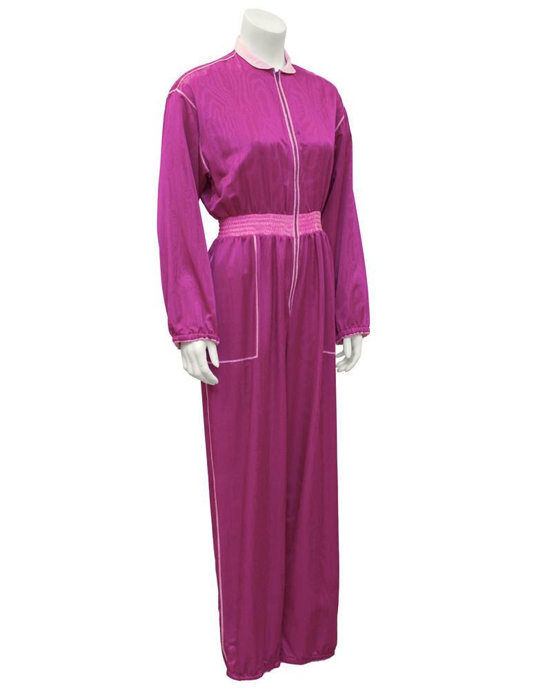Anonymous Pink Jumpsuit: 1970's Fernando Sanchez magenta and pink jumpsuit. In the 1970s Sanchez introduced dressmaking techniques and fabrics to his lingerie designs thus began the cross over from strictly Â“at home wear�