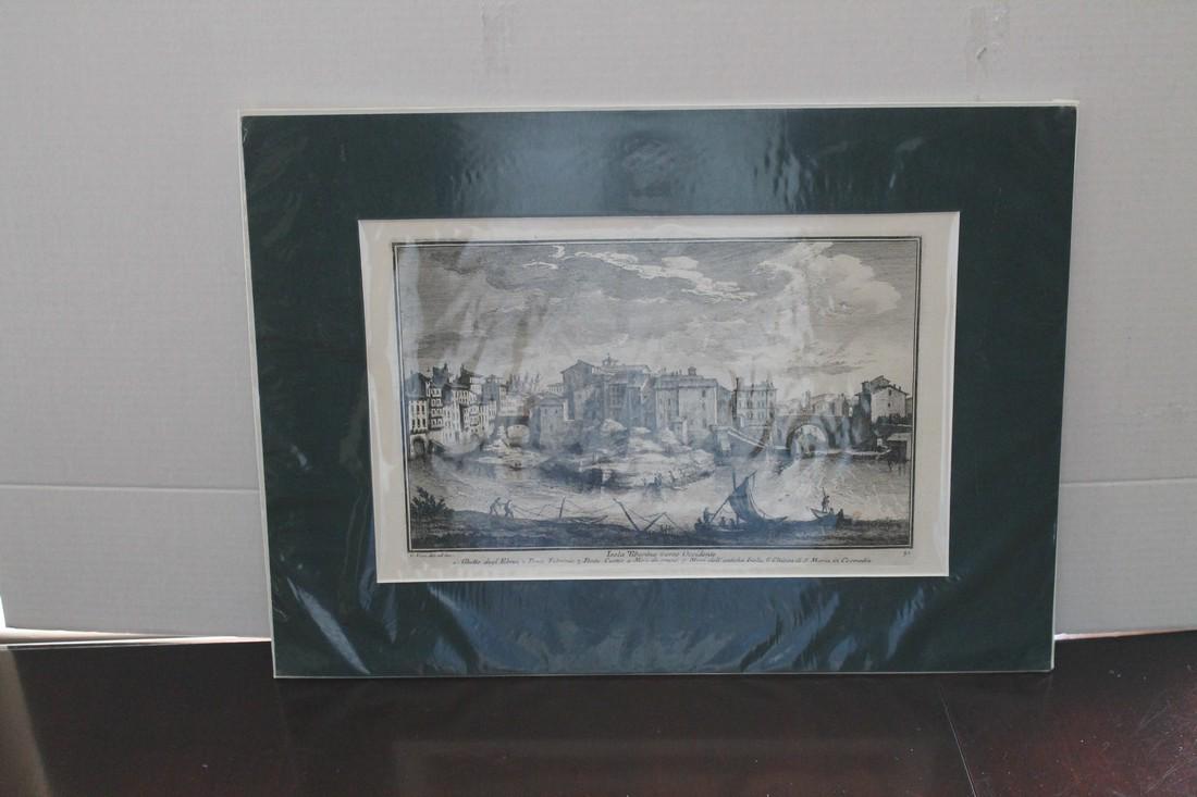 Vasi-Isola Tiberina Rome: Artist: Vasi Title: Isola Tiberina Rome Date/Period: 1740 Medium: Ink on Paper Size/Format: 19.5"X14.5" Additional Information: Rome engraving of the Isola Tiberina by Giuseppe Vasi. Dated 1740. Vasi