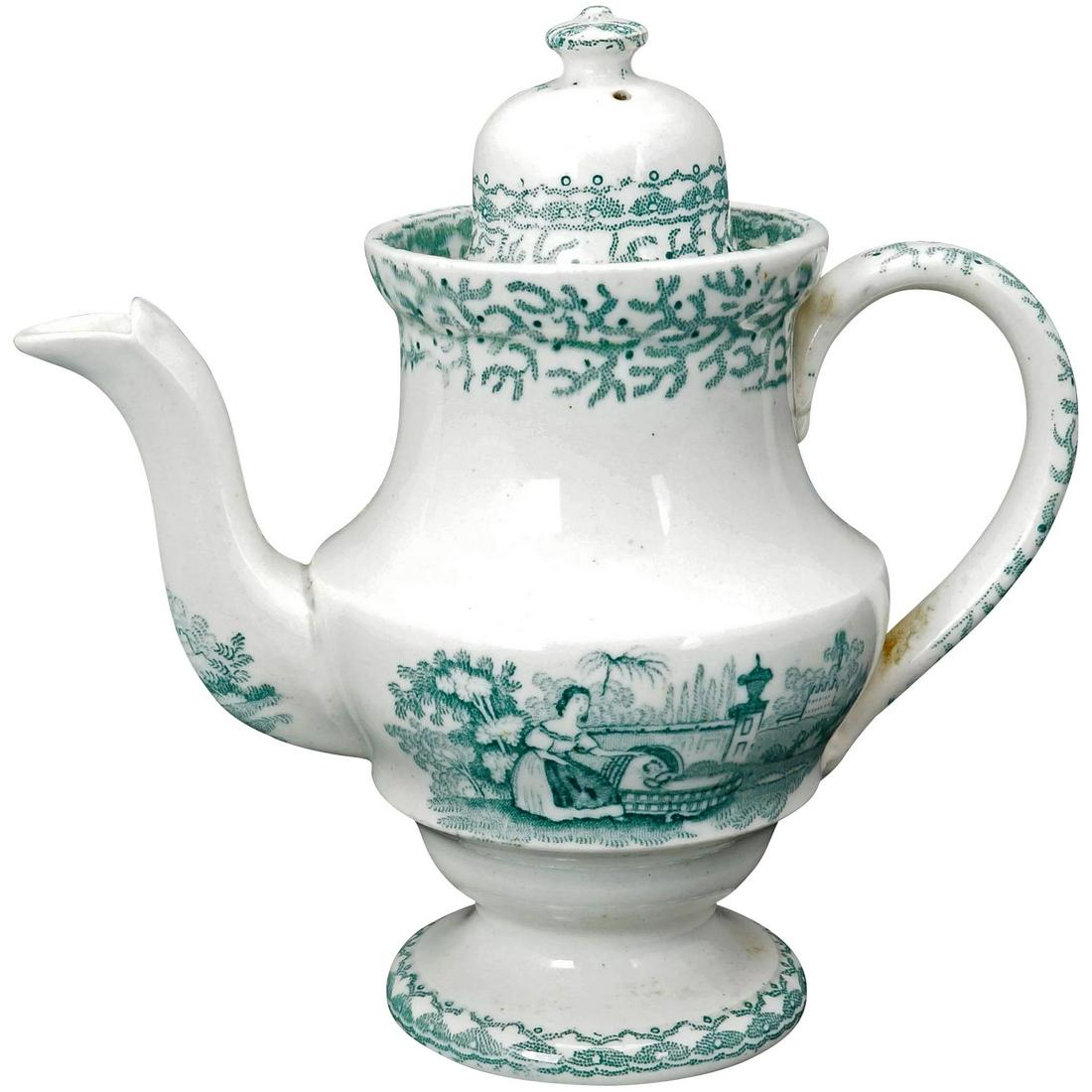 Early Victorian Child’s Pearlware Coffee Pot: Title: Early Victorian Child’s Pearlware Coffee Pot Size:5 ¾” (14.6 cm) long x 3” (7.6 cm) diameter x 5 ½” (14.0 cm) tall. Description:Very early and rare dome lidded child’s coffee pot wi