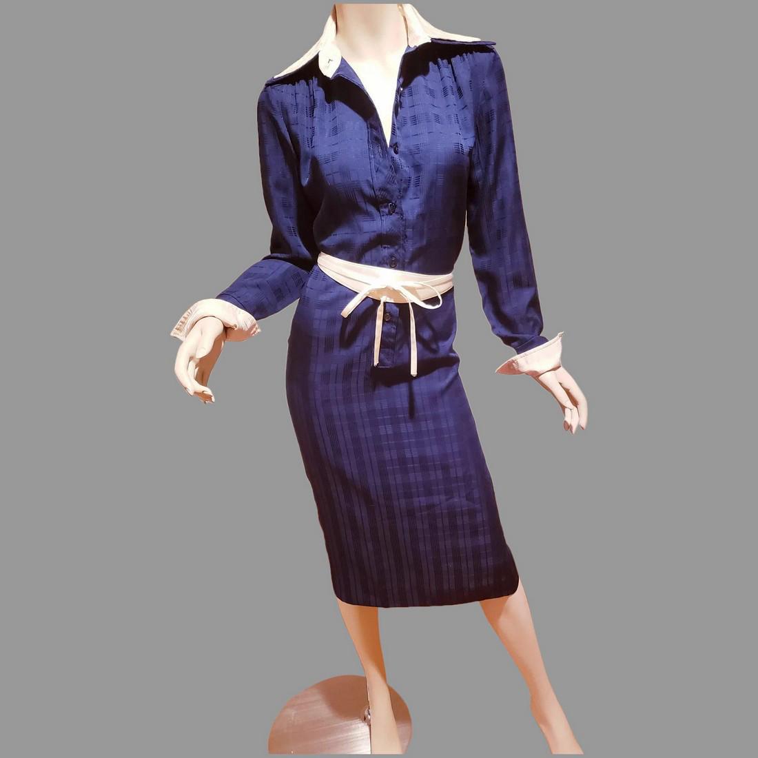 Vtg Lanvin 1970's navy two tone shirt dress a Classic: Amazing Divine Classic Circa 1970's Lanvin France two tone navy /cream shirt dress, a seersucker jacquard navy and cream double layered collar and turn back cuffs. loops for a belt. belt was missing s