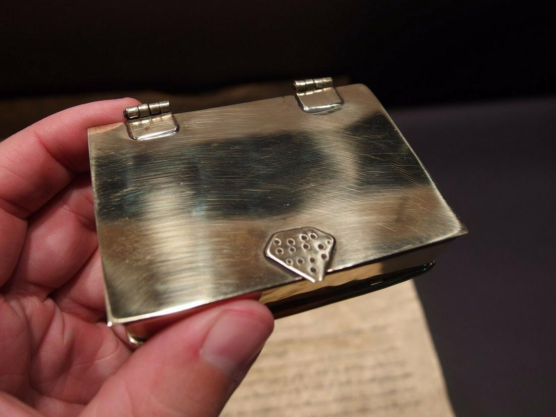 Brass Tobacco Snuff or Pill Box Ring Square Container: 3 1/4" long x 2 3/8" wide x 5/8" tall Nice reproduction of an antique brass container, well made with a hinge lid... Small containers like this many times were used to store pills or snuff throughout