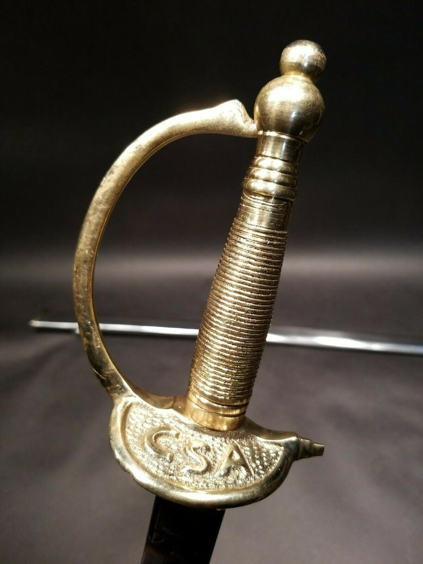 Civil War NCO Musician Confederate CSA Sword: 37 1/2" long with steel scabbard Nice Reproduction civil war NCO musician confederate CSA sword Dull carbon steel blade "India" is marked on it as shown in the images... Please see all the images for 