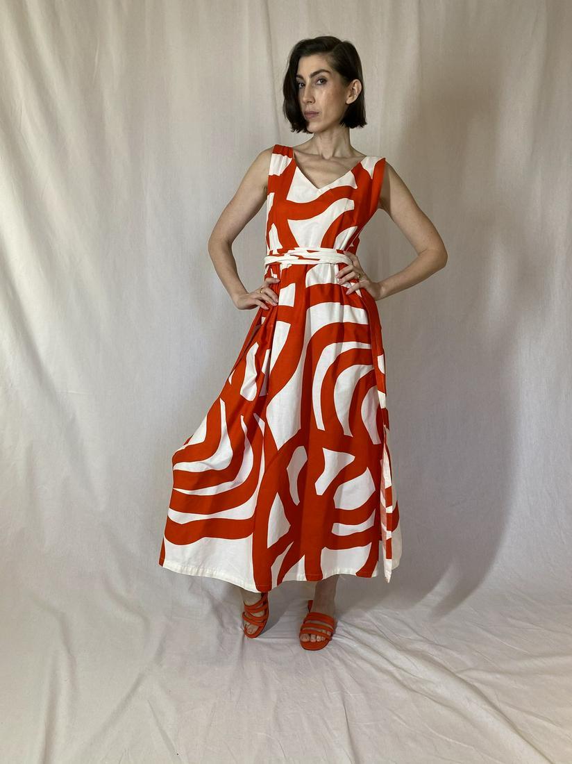 Marimekko orange/white bold-print summer "wrap"dress: HANDMADE WITH MARIMEKKO FABRIC 1960s BEAUTIFUL LONG ORANGE AND WHITE SUMMER DRESS MADE WITH MARIMEKKO OF FINLAND-STAMPED FABRIC, "1964" I THINK THE MARKINGS MEAN ARTIST MAIJA ISOLA DESIGNED THE FABRIC