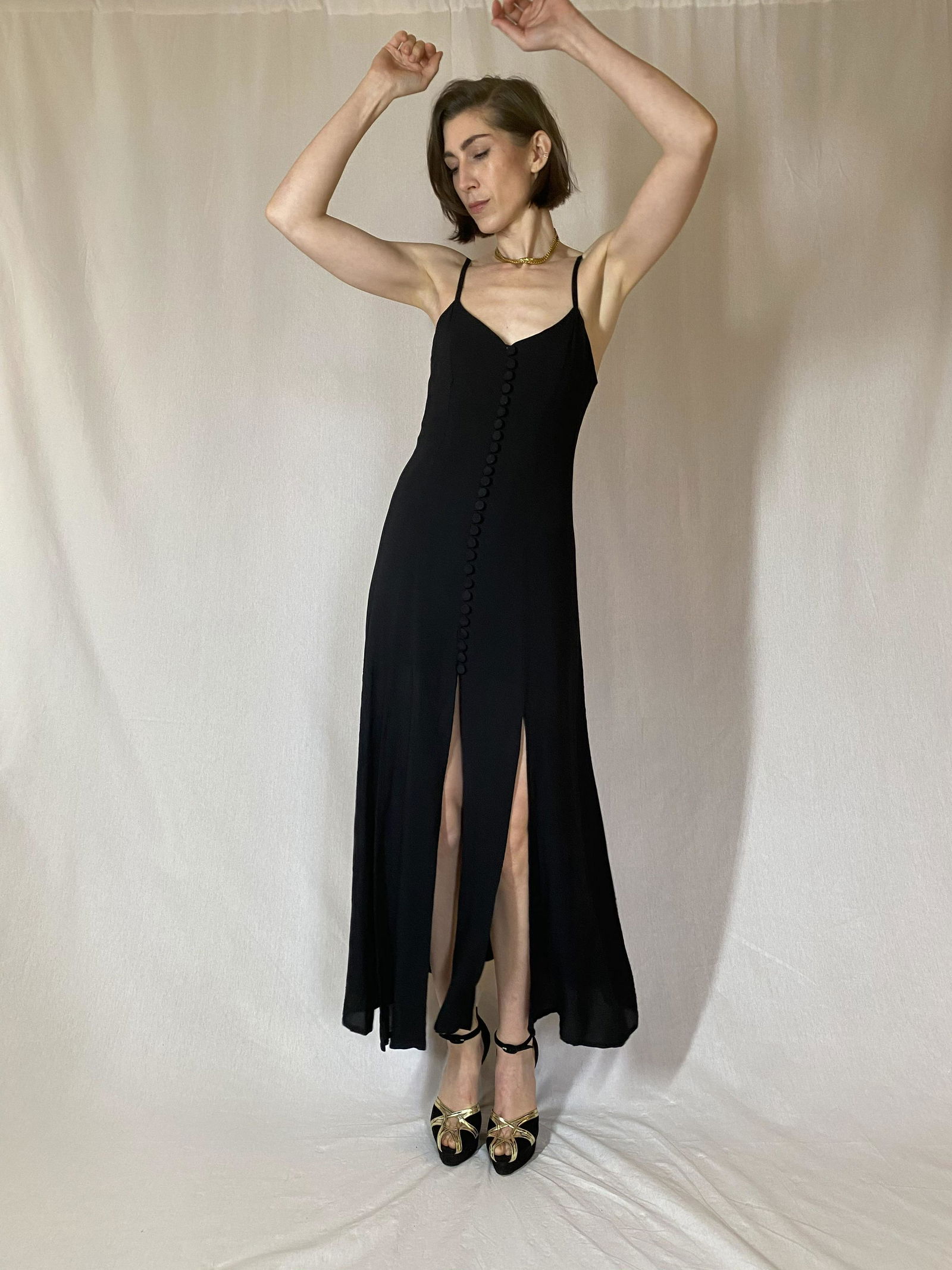 Sexy black sundress w/sweetheart neck, multiple slits (1 of 3)