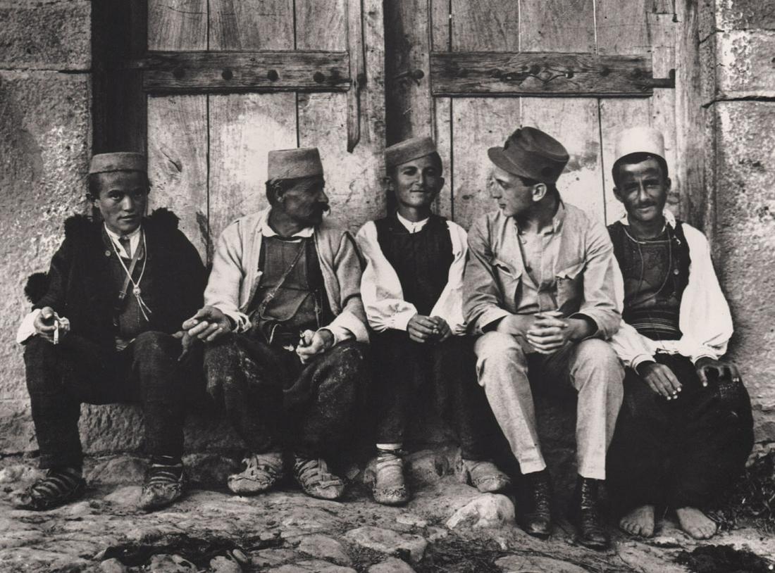 KERTESZ - Myself & my Albanian Friends, 1918: Artist: KERTESZ Print Title: Myself & my Albanian Friends, 1918 Medium: Duotone Photoengraving Printed in Switzerland, 1980’s Image size (inches) approx.6.5 x 9” Andre Kertesz (1894-1985) born K